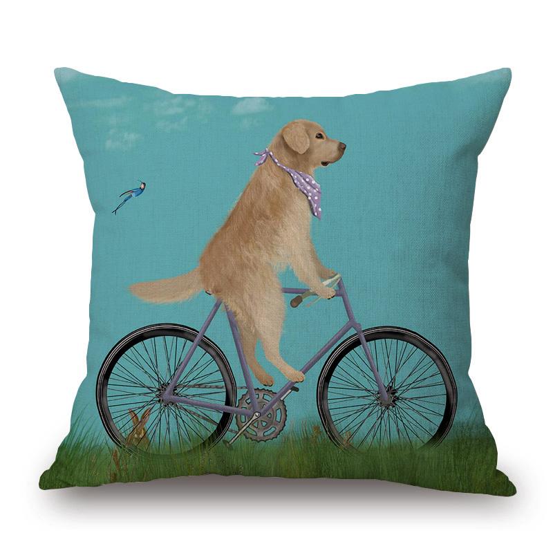 Dogs On Bicycle Art Cushion Cover Poodle Bulldog German Shepherd Golden Retriever Dachshunds Labrador Print Linen Pillow Case