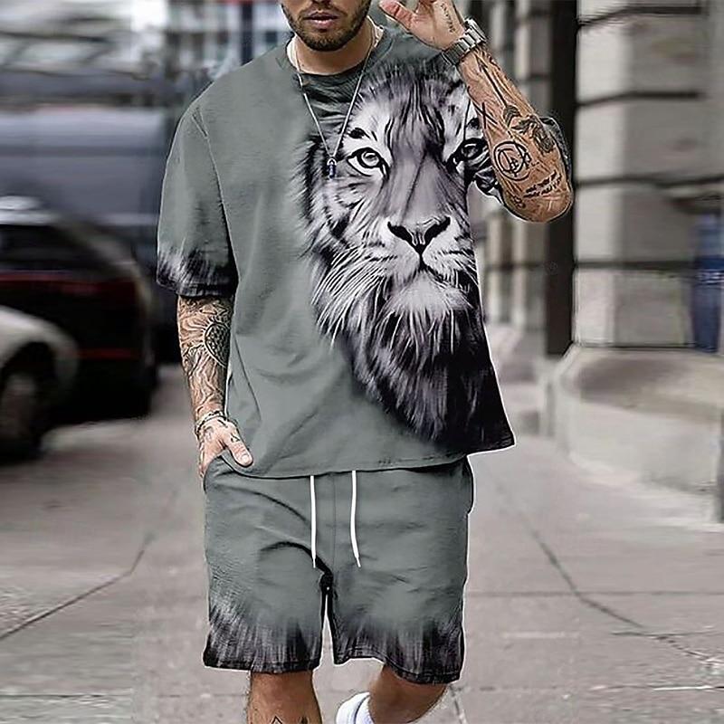 Men's Tiger Tees sets Summer Tops Short Sleeve Short Pants Crew Neck Sport Casual Outdoor Vacation Sport Summer