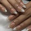 24Pcs French Almond False Nails Pink Stiletto Press On Nails With White Edge Design And Glue Simple Wearable Nail Tips