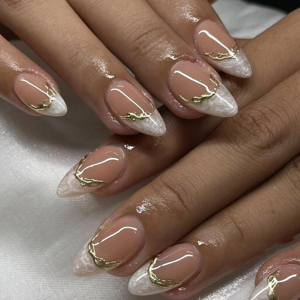 24Pcs French Almond False Nails Pink Stiletto Press On Nails With White Edge Design And Glue Simple Wearable Nail Tips