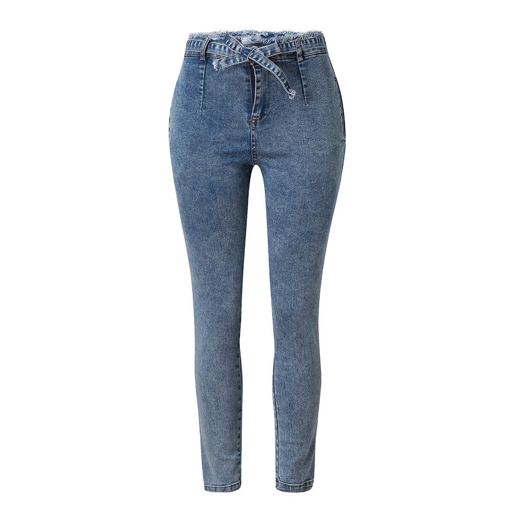 Women Elastic Butto Tassel Loose  Denim Casual Small Feet  Slim Fit Jeans