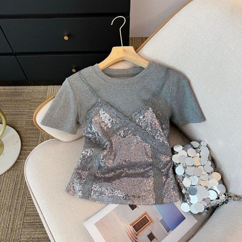 White Lace Camisole Patchwork Short Sleeved Shirt Women's Summer Small Versatile