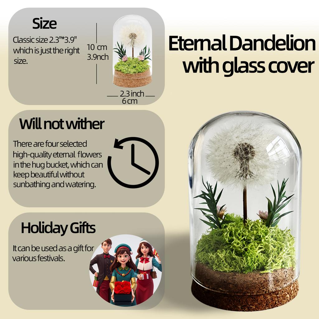 Natural Flowers Rose Dandelions Real Dried Flower for Crafts Glass Cover Home Office Decoration for Birthday Mother's Day Gifts