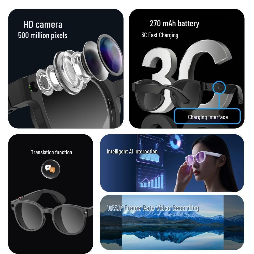 AIMB-S1 Smart Bluetooth Glasses: 5MP Camera, Music, Calls, Video Recording, AI Translation.