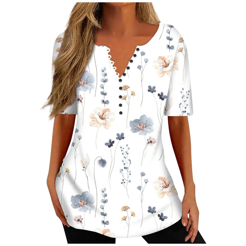 Camicie Estive Da Donna Stampa Scollo a V Manica Corta Top Blusa Top a Bottoni con Stampa Floreale
