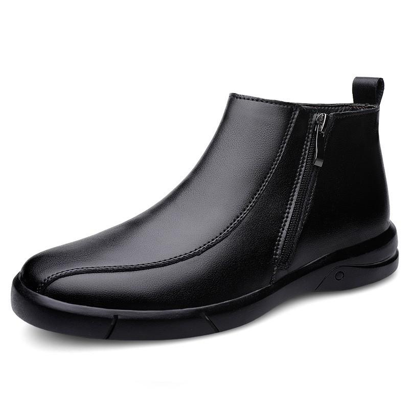 Mens Casual Leather Ankle Boots With Fleece Lining Warm Winter Side-Zip Pull-On Daily Wear