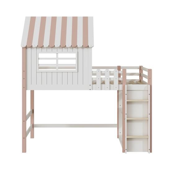Loft Bed Children 90x200cm High And Low for Boys Girls Home Roof Shape Bunk with Safety Ladder Storage Compartment Multifunctional Solid Wood Slatted