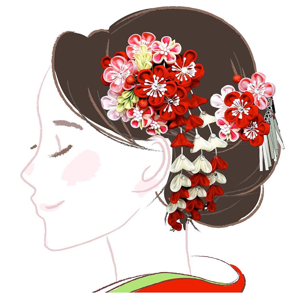 Hair ornament set Furisode ceremony Tsumami work Red Pink Silver birch [Kyoto Usagido] 2-piece coming-of-age wk-226
