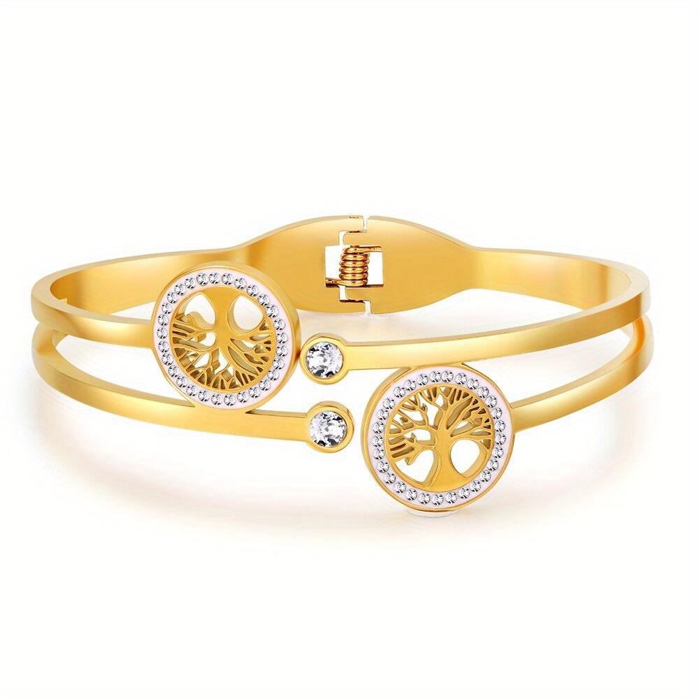 Luxury Stainless Steel Tree of Life Open Bracelet | Golden Cubic Zirconia, Never Fades, Lucky Bracelet, 18K Gold Plated