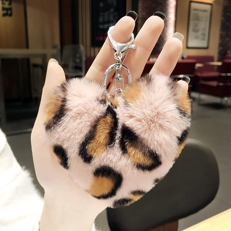 Leopard love plush fur ball keychain car key chain pendant student bags New gifts Heart KeyRing K2403