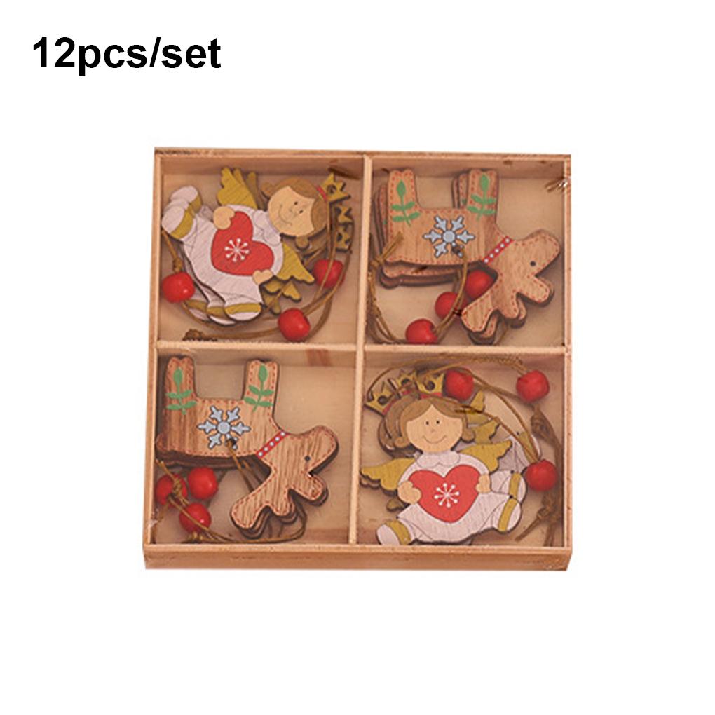 12 Bucăți Pandantiv Crăciun Lemn Agățat Pom Crăciun Semineu Perete Decor Fereastră Ornament de Petrecere pentru Copii