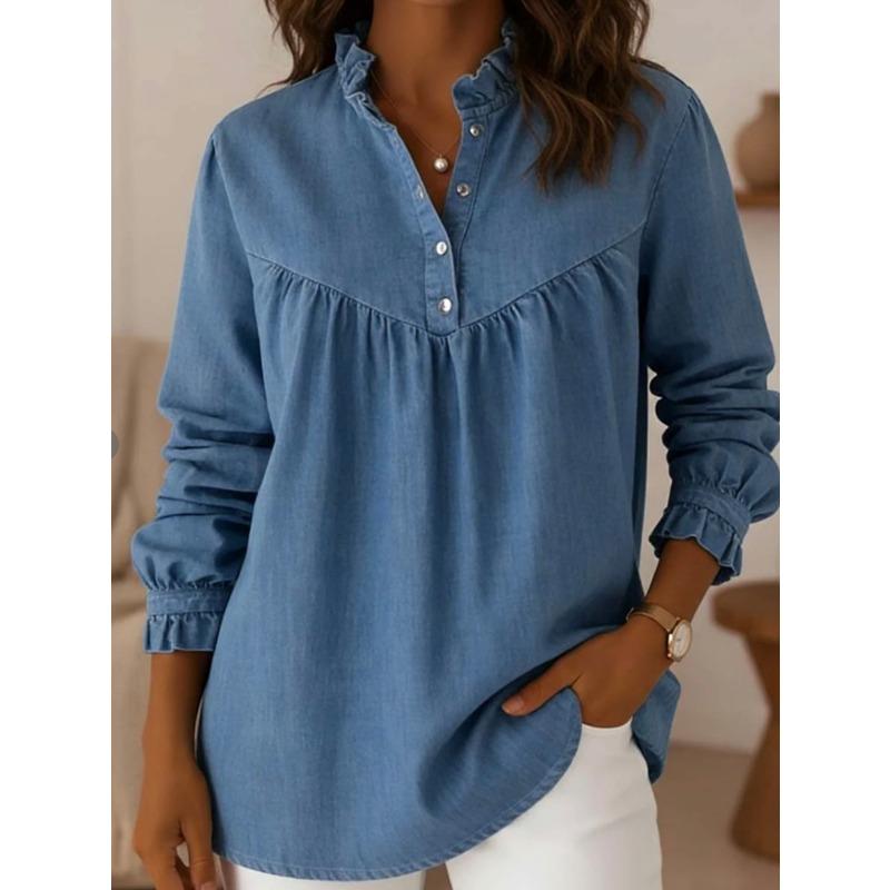 Solid Color V Neck Long Sleeve Casual Denim Daily Shirt