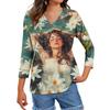 Women's Tops Three-quarter Sleeve Shirt V-neck Loose Casual Shirt Character Printed T-shirt