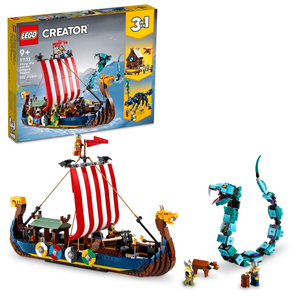 LEGO Creator Viking Ship and Midgard Snake 31132 Building Toy Set for Boys and Girls Kids Ages 3-in-1 9+ (1,192 Pieces)