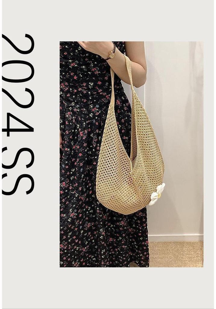Large Capacity Floral Knitted Beach Tote - Stylish Woven Shoulder Bag for Women
