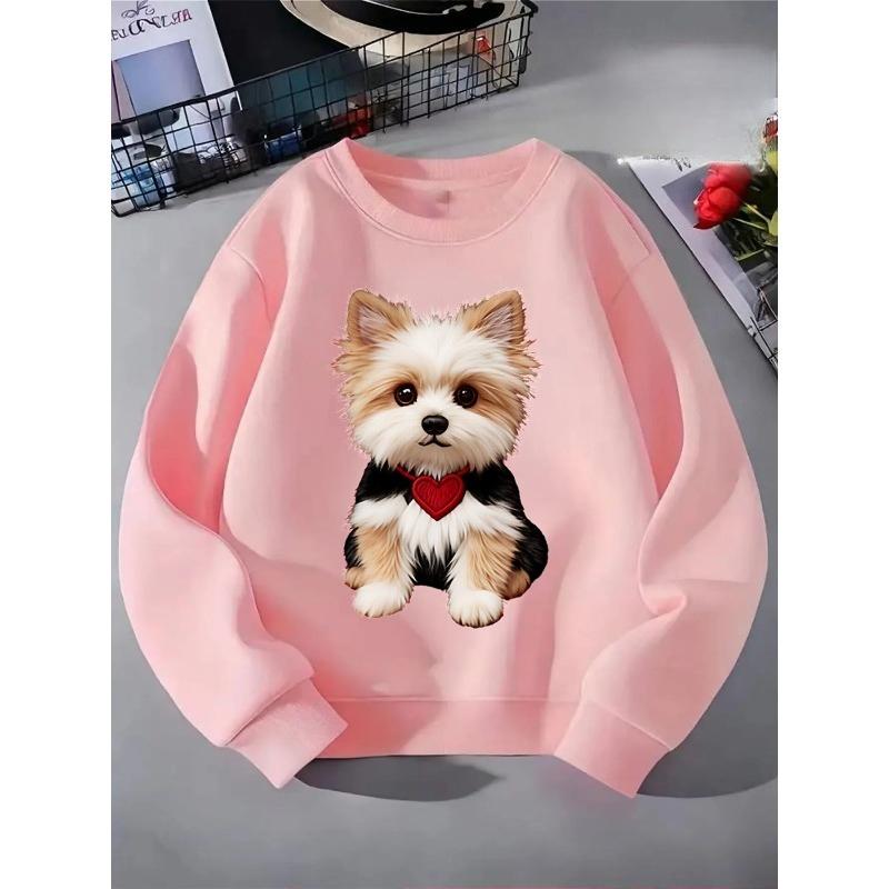 Girls' Crewneck Sweatshirt - Cute Dog with Red Heart Collar Machine Washable, Spring And Autumn, Sportswear And Casual Wear