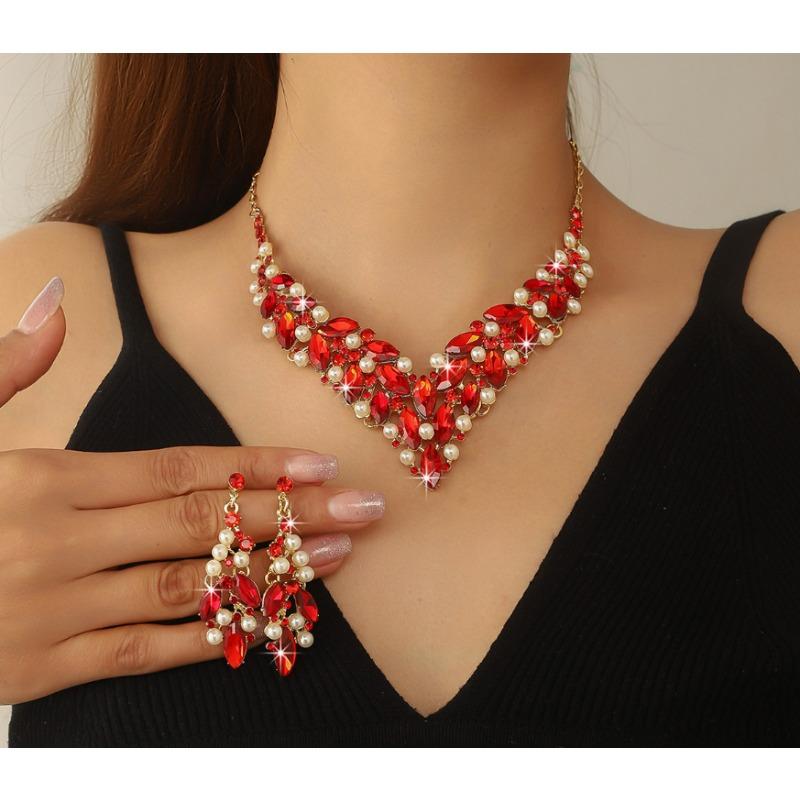 Bow Rhinestone Fringed Necklace Earrings Women's Two-piece Set, Wedding Temperament Noble and Elegant Collarbone