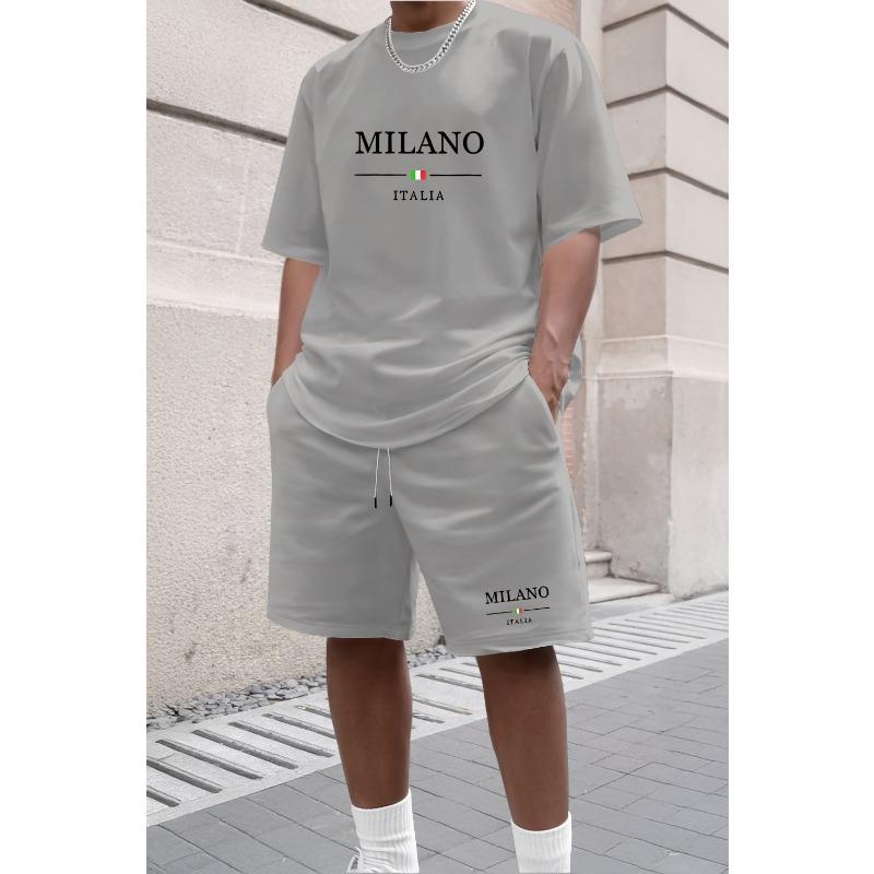 Men s Letter Printed Comfortable and Breathable Round Neck T-shirt and Shorts Set Solid Color Colo Sportswear S