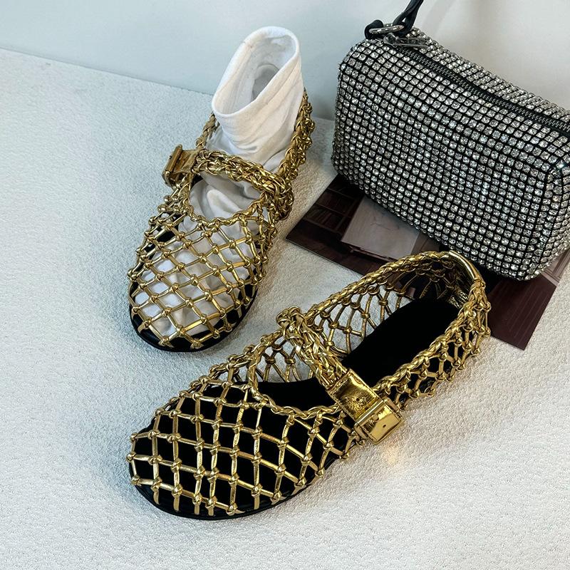 

Sheepskin version~ 2025 new fashion round head shallow mouth one-word buckle with Mary Jane flat bottom woven mesh single shoes women 35