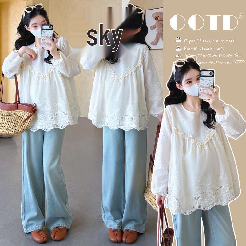 2026 Spring Korean V-neck Lace Ruffle Maternity Top XL