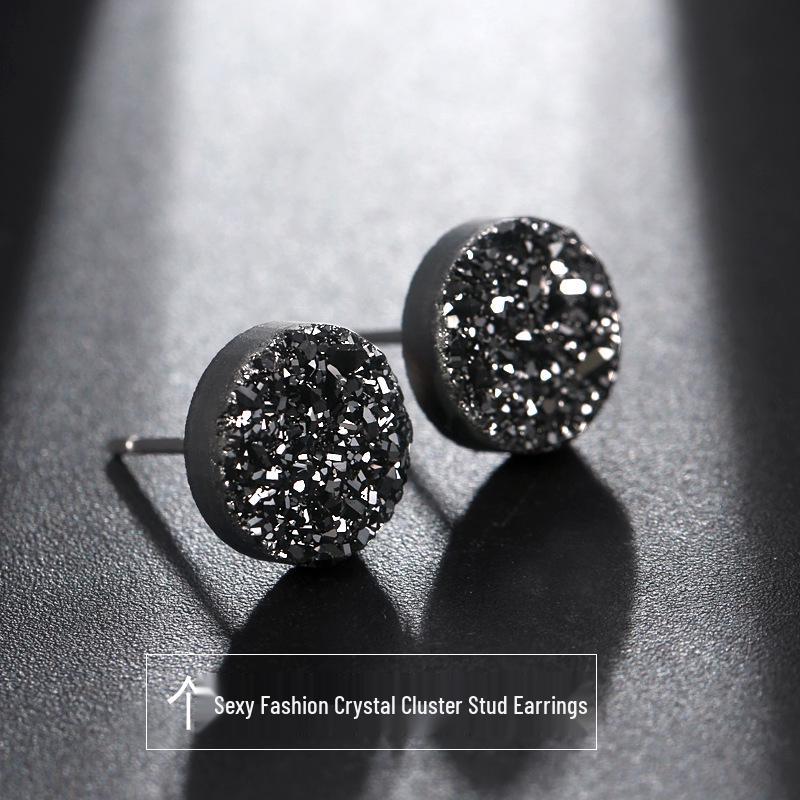 Men's Black Crystal Cluster Earrings - Simple Korean Style with Personality