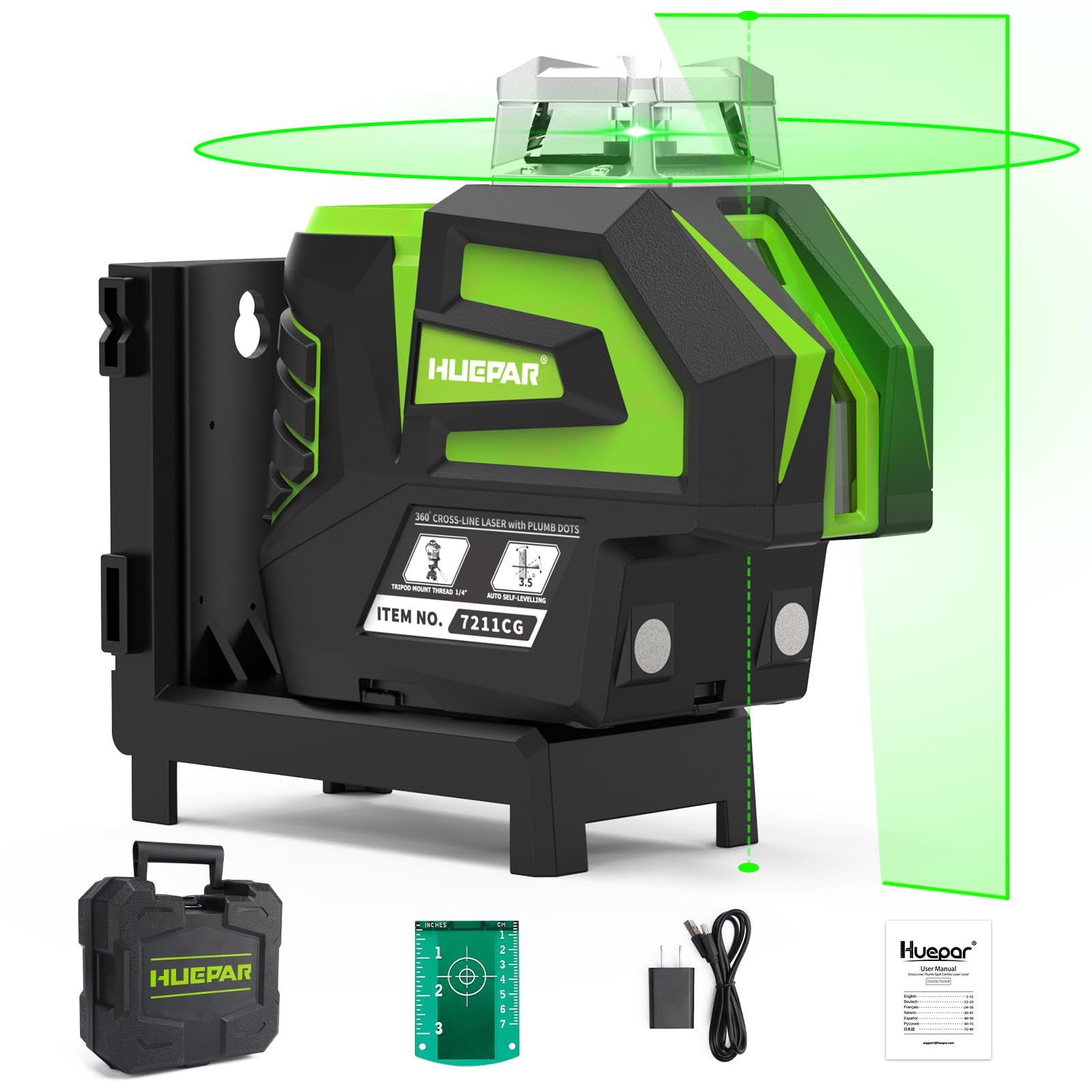 

Huepar 7211G Green Line Laser Level with Automatic High Line Output Ground Plumb Magnetic Japanese Instruction Manual Included Leveling, Brightness, зелёный