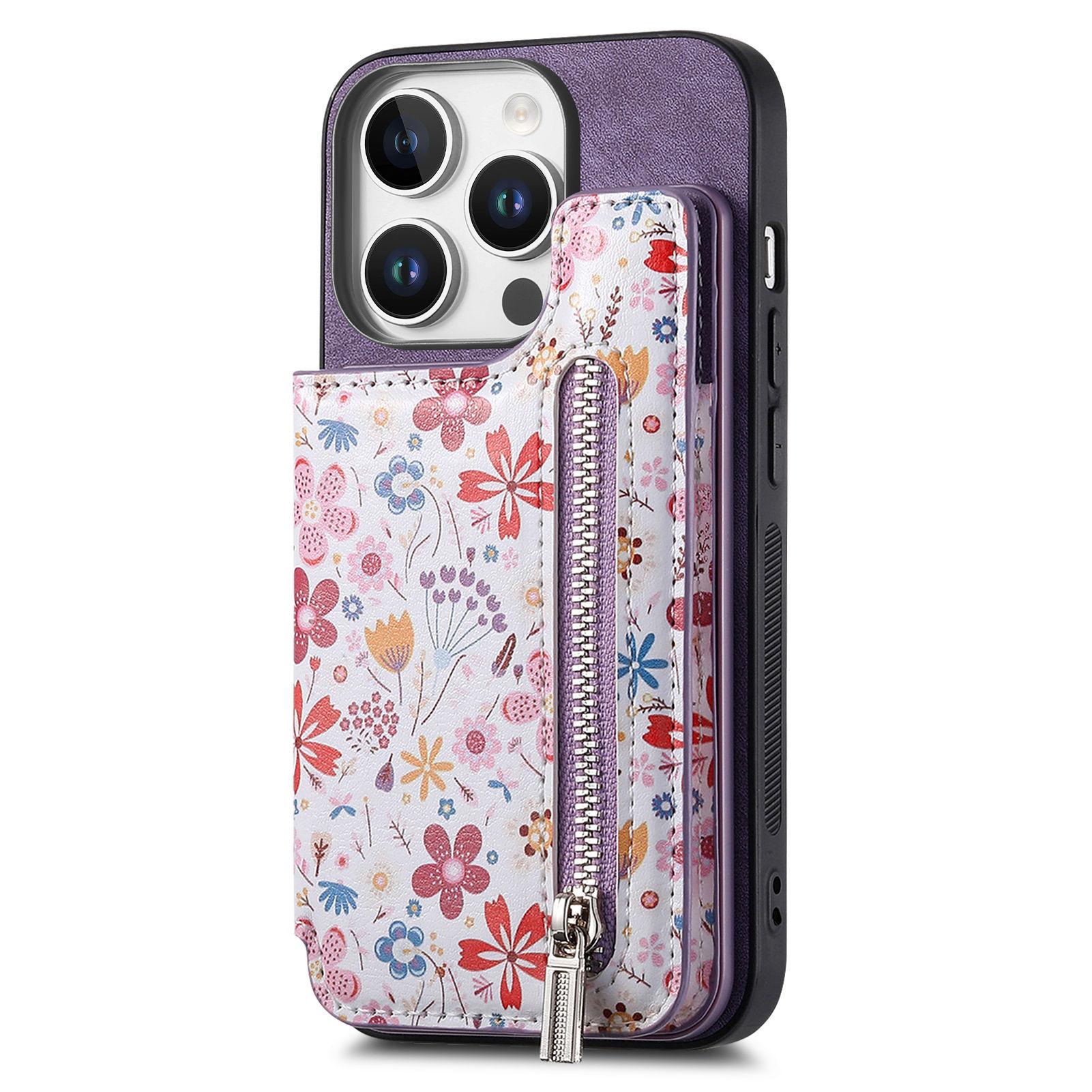 

D10 For iPhone 16 Pro Max Case Pattern Kickstand Wallet Leather+TPU Phone Cover RFID Blocking Purple