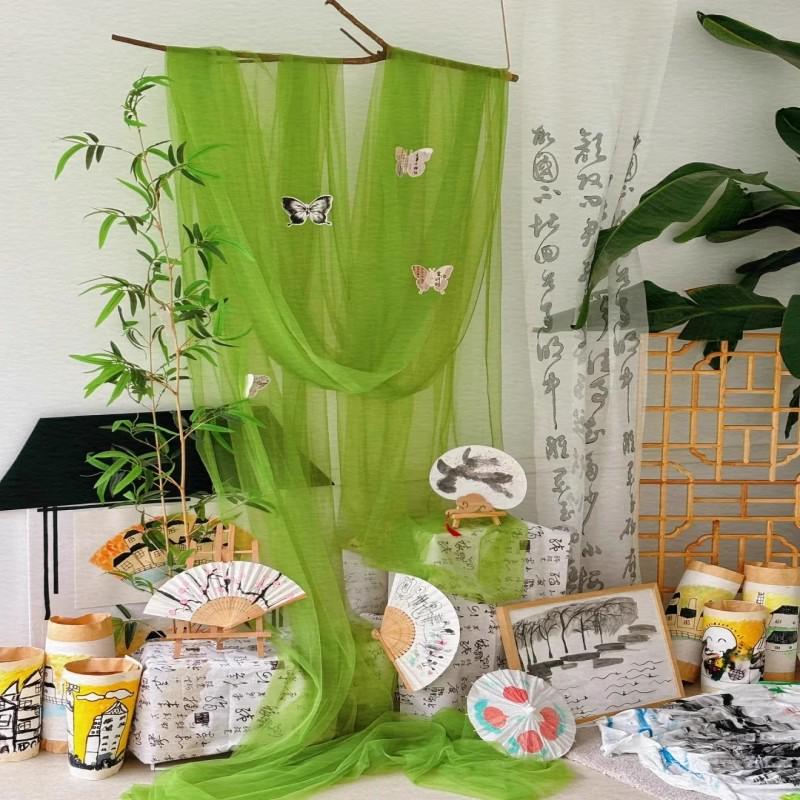 Green Gauze Curtain Gazebo: New Chinese Style Mesh for Outdoor Decor, Kindergarten Design, or Home Environment Arrangement.