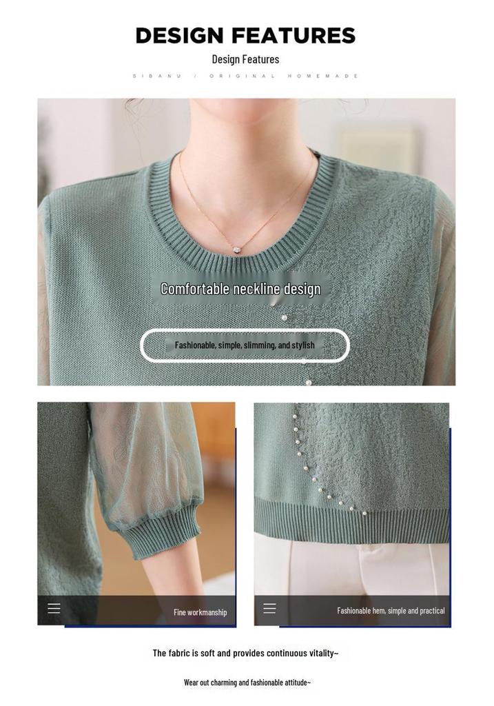 Chic Spring Gauze Sleeve Top for Middle-Aged Women - Stylish Seven-Sleeve T-Shirt