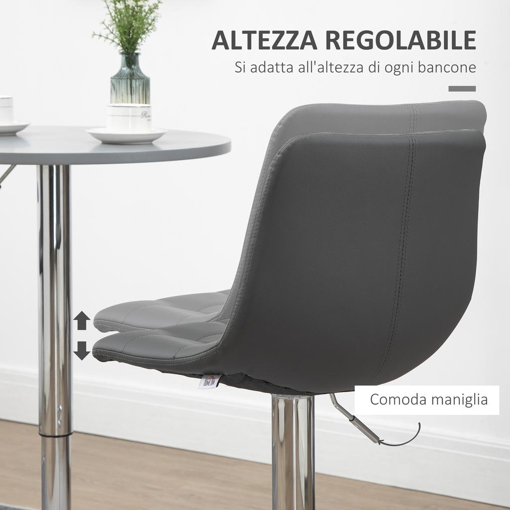Set of 2 Swivel Bar Stools in Faux Leather with Backrest and Footrest, 42x45x89-110cm, Grey