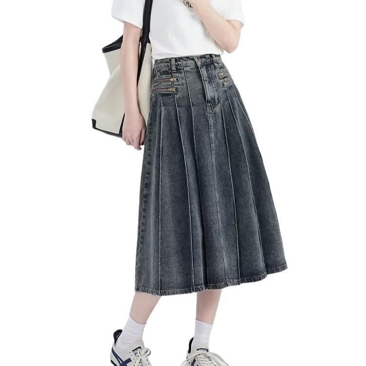 2025 Summer Retro Pleated Denim Midi Skirt for Women - High Waist, Slimming A-Line with Zipper