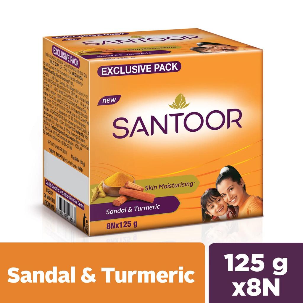 Santoor Sandal And Turmeric Bathing Soap Bar For Soft Glowing Skin Moisturizing Body Cleanser Pack Of 1 ( 8N X 125 G )