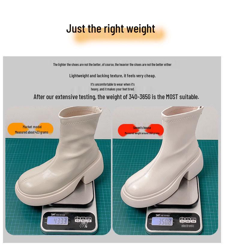 Women's White Platform Ankle Boots - Height-Increasing, Elastic Slim Fit, Genuine Leather Martin Style