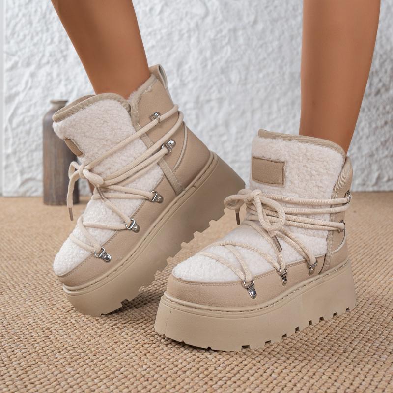 Mode Weiche Dicke Sohle Pelzige Schneestiefel Damen 2025 Winter Schnürung Dekoration Stiefeletten mit Plateau Warmes Kurzes Plüsch Damenschuhe