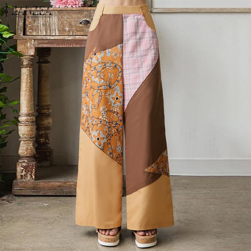 ZANZEA Women Casual Print Patchwork Loose Straight Trousers