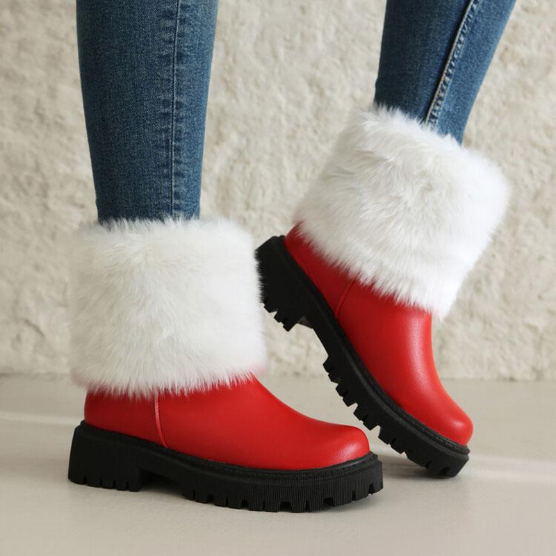 

Winter Women Boots White Faux Fur Design Round Toe Ankle Boots Low Heels PU Leather Snow Boots botines para mujeres WSH4980 39
