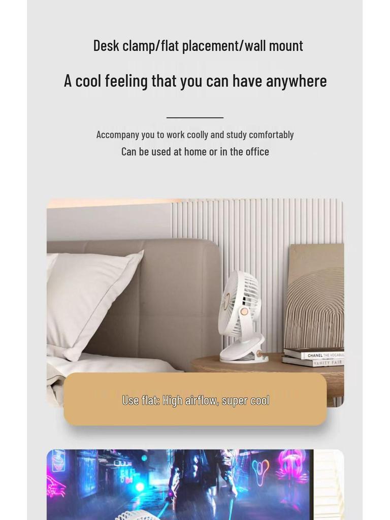 Portable Rechargeable Silent Night Light Mini Clip-on Fan for Desk, Dorm, Stroller, or Bed