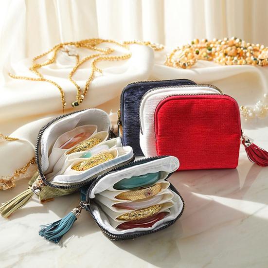 Small Travel Jewelry Case 5 Compartments Portable Mini Jewelry Box with Tassel Zipper Soft Velvet Organizer Pouch for Rings Bracelets Bangles Cards