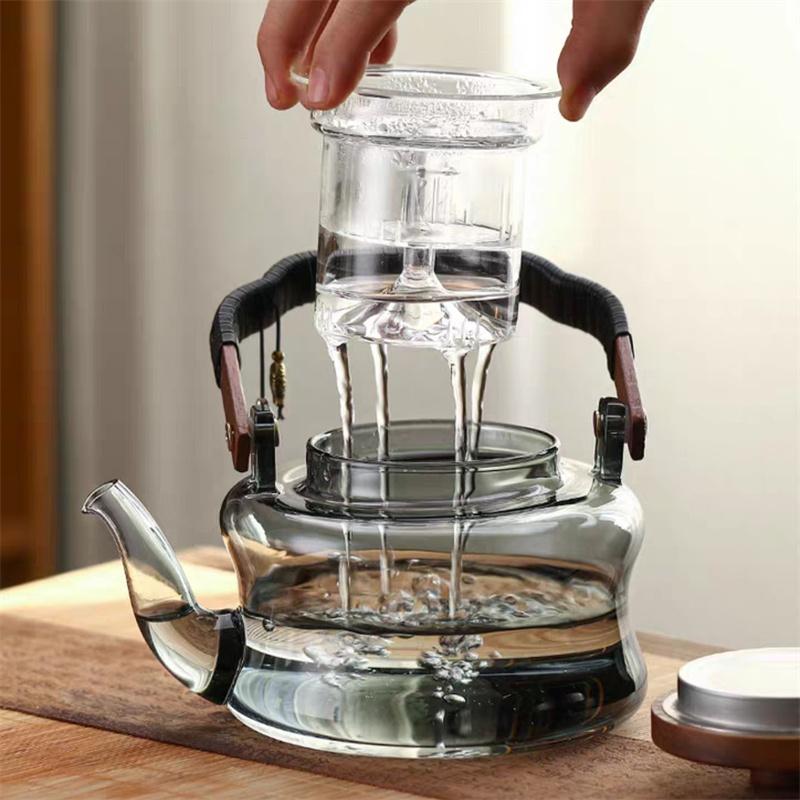 850ml Glas-Teekanne mit Holzgriff und Siebeinsatz, Haushalts-Hitzebeständige Teekanne zum Aufbrühen von Tee und Kaffee, Kungfu-Teegeschirr