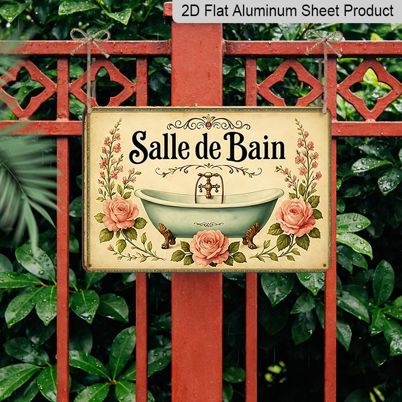 2D Flat Vintage French Bathtub Wall Plaque with Pink Roses & Green Foliage - Bath Sign, Metal Wall Art Suitable for Bathroom or Multi-Room Decor