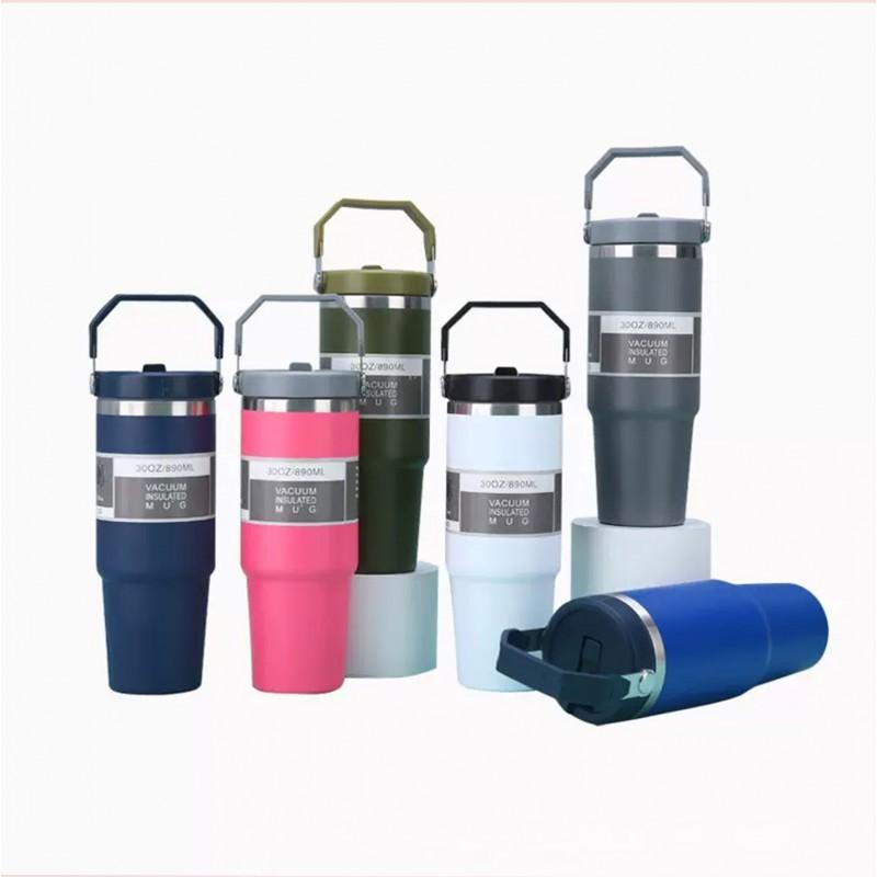 30oz Stainless Steel Travel Mug With Handle Straw Lid Vacuum Insulated Water Bottle Car Office Gym
