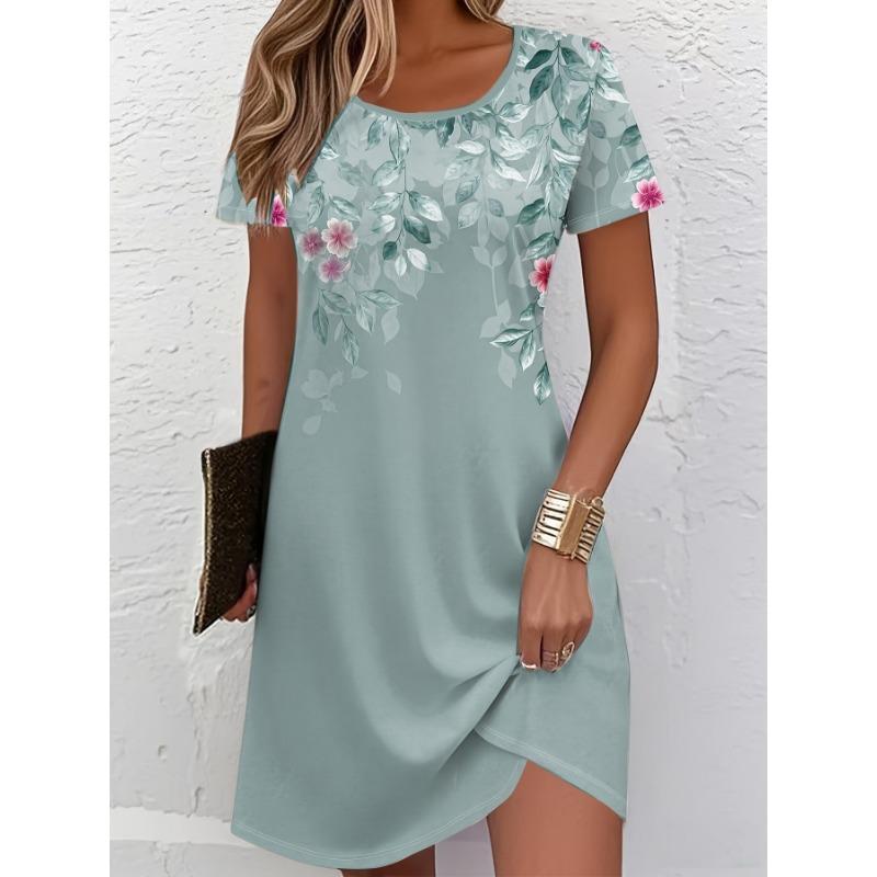 

Women s Casual Floral Print Breathable Round Neck Short Sleeve T-Shirt Dress, Elegant Vacation Mid-Length Skirt XL
