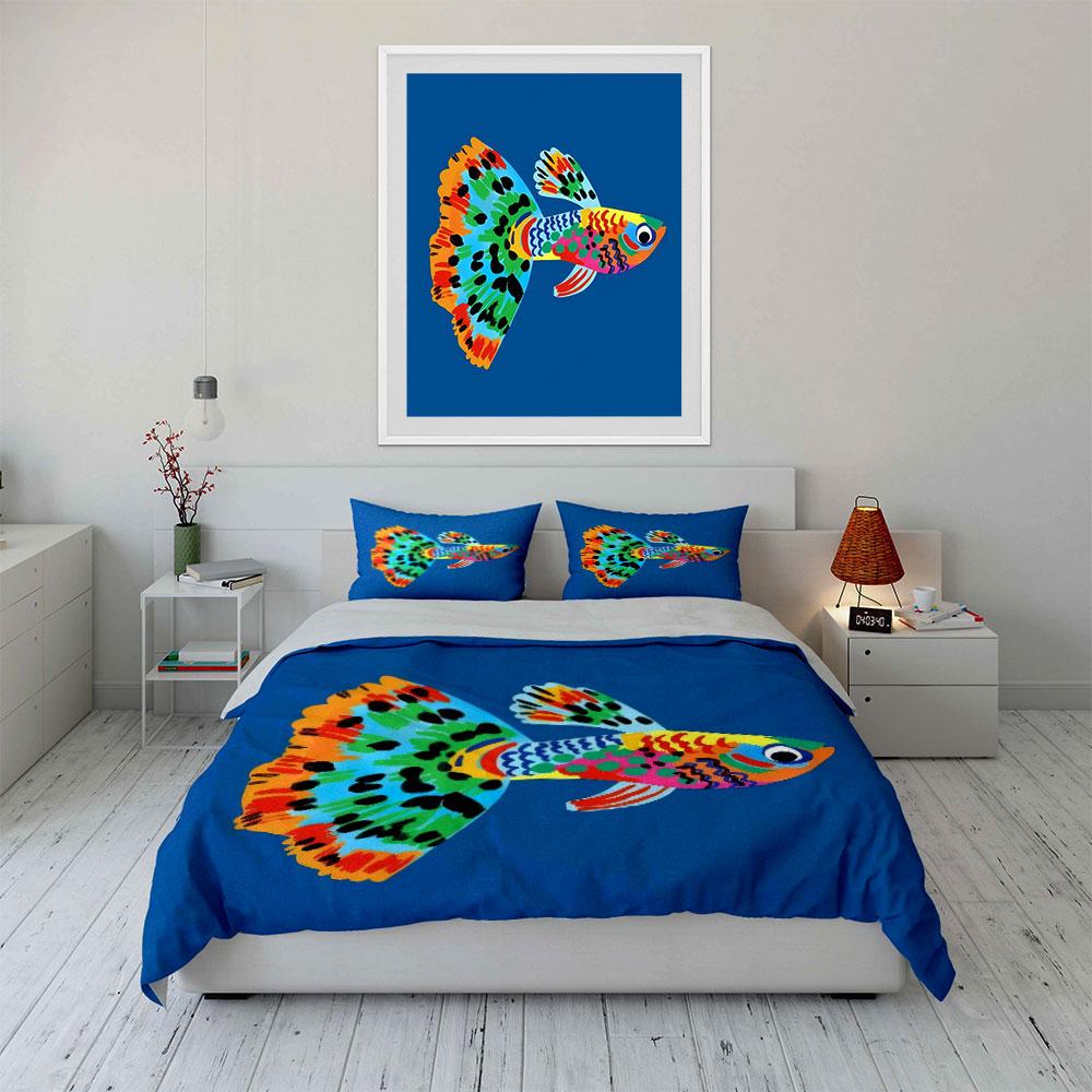 Buntes Fisch-Kunstdekor Trio Weiche Bequeme Bettbezug-Bettwäsche-Set Enthalten 1*Bettbezug & 2*Kissenbezüge, Geschenk