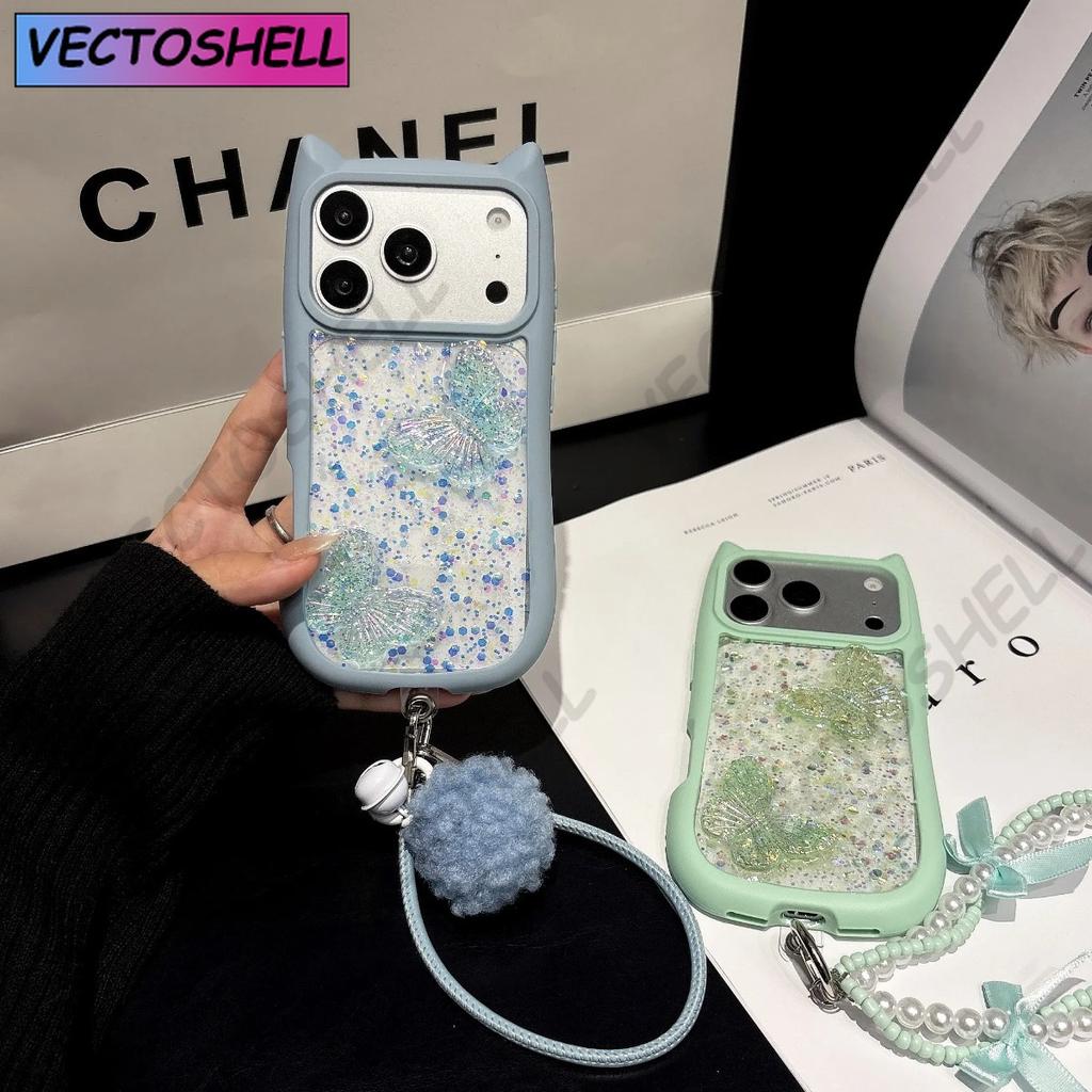 Cute Cat Ears Butterfly Transparent Lanyard Case for iPhone 17e 16 15 14 13 12 Pro Max 17 Air 11 Large Window Soft Edges Cover