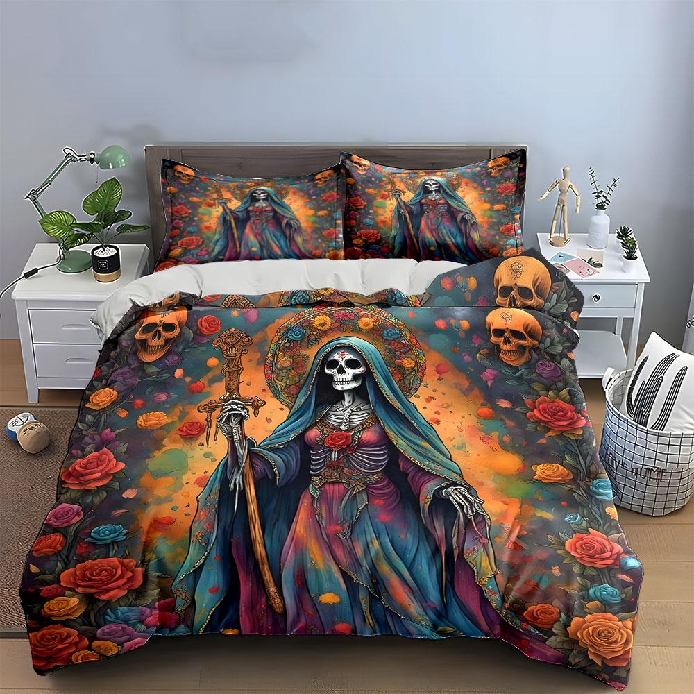 Skeleton Queen with Roses Artwork Bedding Duvet Cover Set (1*Duvet Cover 2*Pillowcases, Without Duvet Insert)