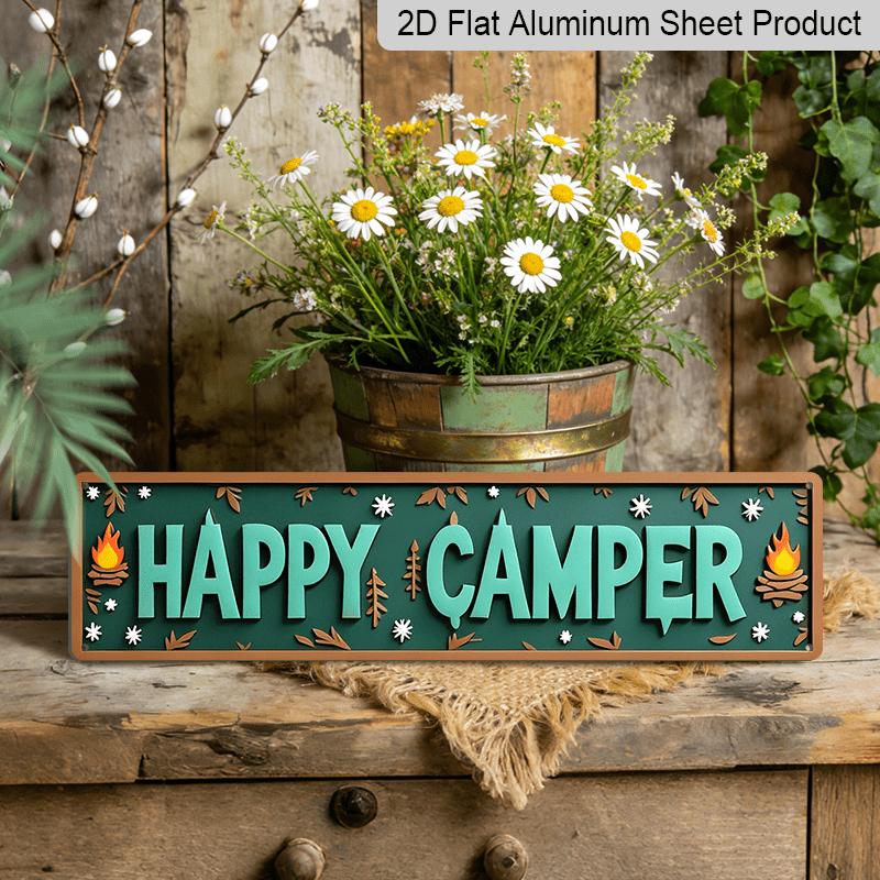 2D Flat 1pc Vintage 'Happy Campers Sign' Wall Decor. Metal Wall Sign | 15.7×3.94inch Rustic Aluminium Decorative Sign Art for Home, Bedroom, Bar