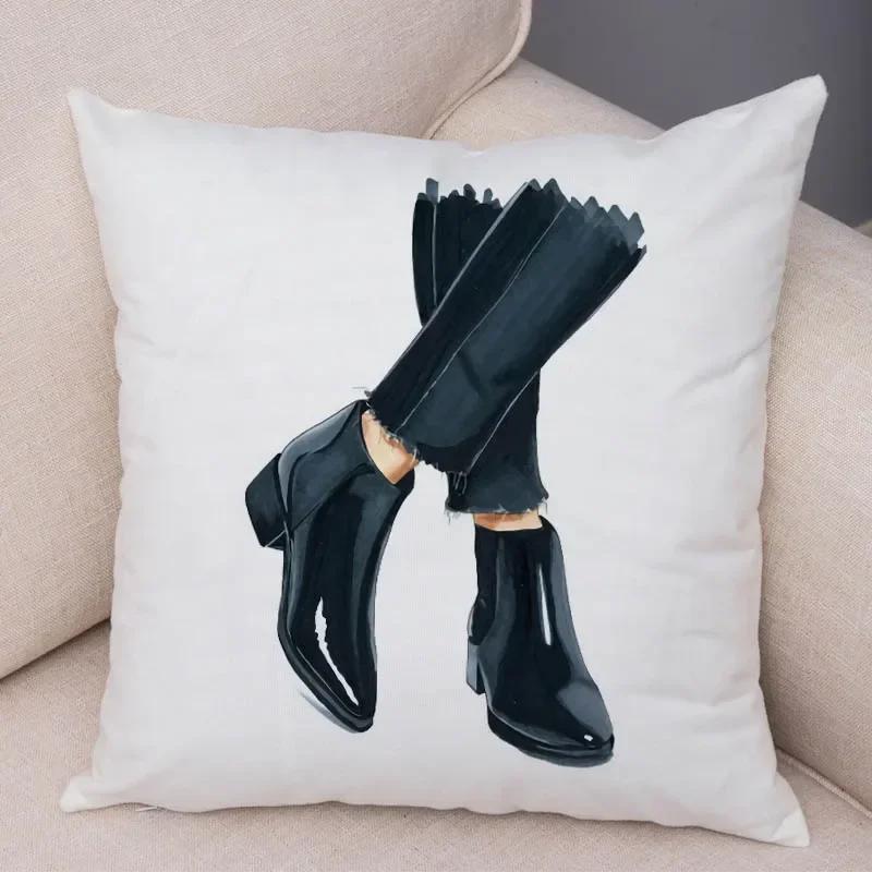 Lady High Heel Shoes Print Cushion Cover for Car Sofa Home Super Soft Short Plush Pillow Case Decor Cartoon Pillowcase 45*45 Cm
