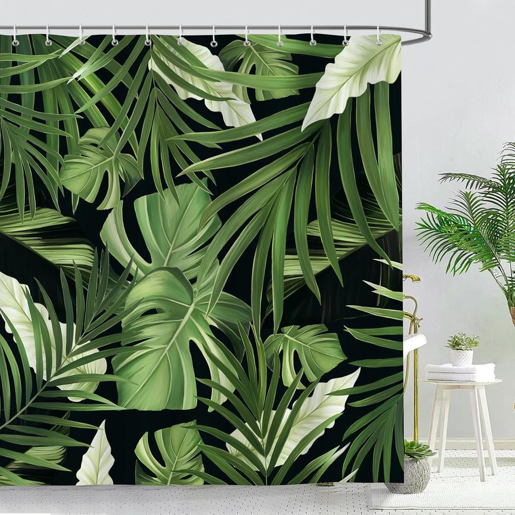 Banana leaf tropical plant green shower curtain 180 x 200cm polyester waterproof mildew washable shower curtain with 12 hooks