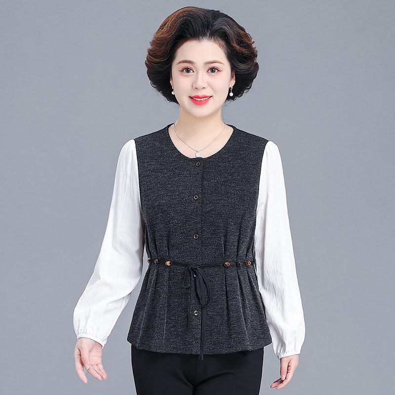 

Mom s 2026 Spring Drawstring Slimming Jacket: New Style Patchwork Shirt for Middle-Aged and Elderly Women L (below 105 jin)