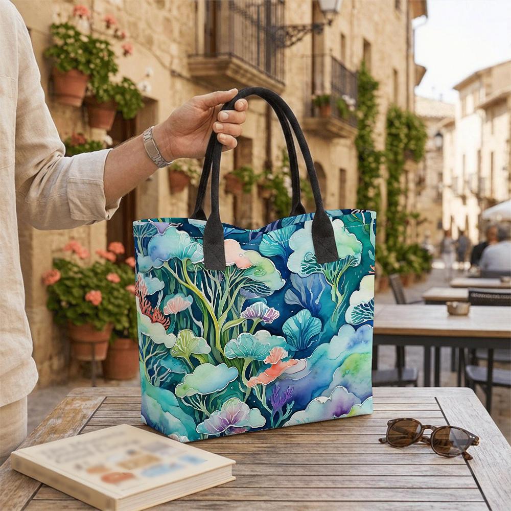 Watercolor Marine Plants Tote Bag Fashion Casual Large Capacity Daily Outdoor Shopping Shoulder Bag